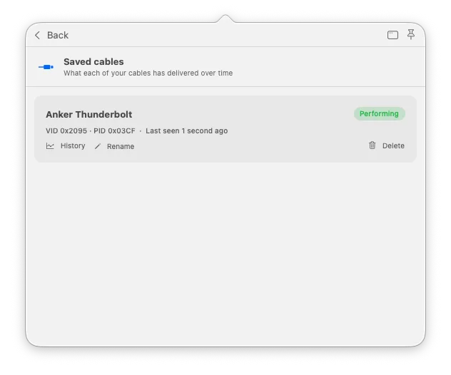 Saved Cables screen showing a named Anker Thunderbolt cable with a Performing verdict, last seen one second ago, and History, Rename, and Delete actions