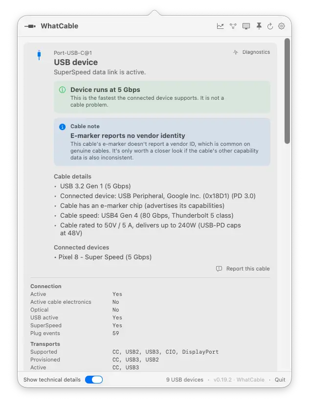 WhatCable with technical details mode showing raw port data