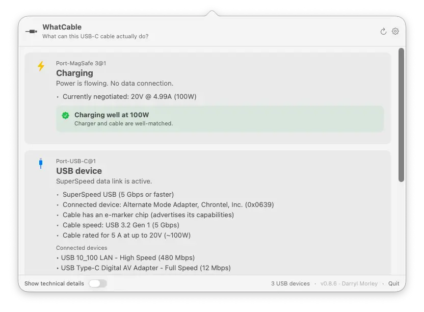WhatCable menu bar popover showing USB-C port diagnostics